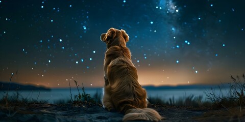 Contemplative dog looking at stars in the night sky. Concept Pets, Stars, Contemplation, Night Sky, Animal Photography