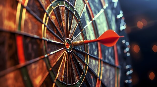 Macro photograph depicting a dart striking the bullseye on a dartboard, exemplifying accuracy and skillful aim.