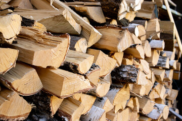 Stack of birch firewood close-up