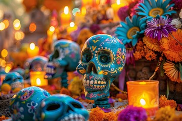 Vibrant Day of the Dead altar with elaborate decorations and lively dancing Catrina skeletons