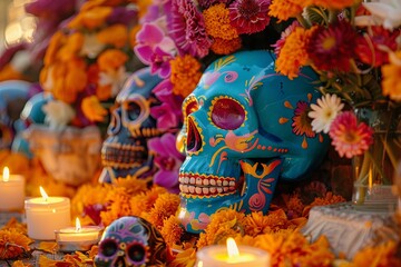 Colorful Day of the Dead altar featuring intricate decorations and animated dancing Catrina skeletons