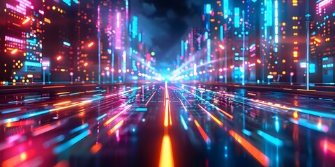 Nighttime in a dazzling cyber city with vibrant neon lights and futuristic technology. Concept Night Photography, Cyber City, Neon Lights, Futuristic Technology, Vibrant Atmosphere