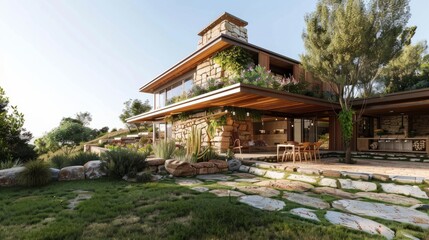 Naklejka premium Ecological passive house with a rustic design, characterized by natural materials such as stone, wood and adobe generative ai