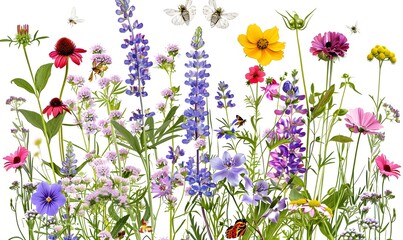Colorful wildflowers in a meadow and garden setting with transparent background showcasing insects