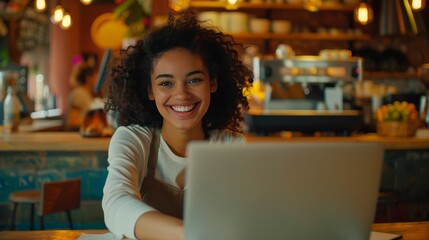 A beautiful mulatto young smiling woman working on a laptop, 
a freelance girl or a student at a computer in a cafe.