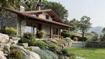 Fototapeta premium Ecological passive house with a rustic design, characterized by natural materials such as stone, wood and adobe generative ai