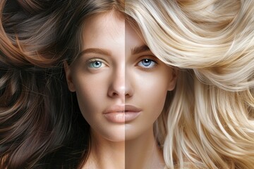 Naklejka premium Hair Color Transformation A split-screen image showcasing a dramatic hair color change