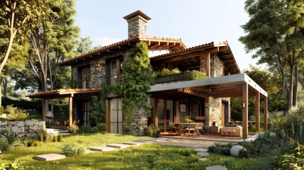 Fototapeta premium Ecological passive house with a rustic design, characterized by natural materials such as stone, wood and adobe generative ai