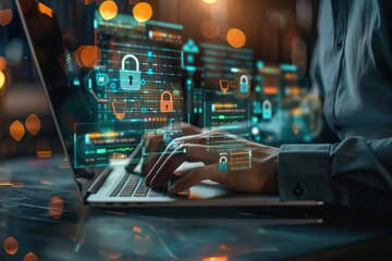 A close-up of a cybersecurity analyst working on a laptop, with digital locks and encrypted data graphics overlaying the screen 