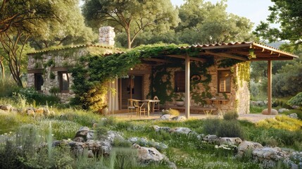 Obraz premium Ecological passive house with a rustic design, characterized by natural materials such as stone, wood and adobe generative ai