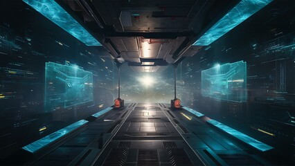 Science fiction platform background with holographic projections, glowing surfaces, and a cyberpunk aesthetic. Generative AI