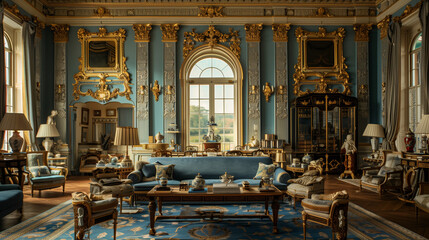 classic Rococo-style drawing room, where a blue and gold color scheme reigns supreme, adorning antique furnishings with elegance and grace