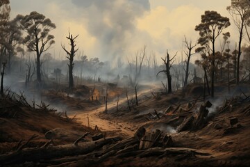 A landscape of a forest devastated by a wildfire, with charred trees and smoldering ground,...