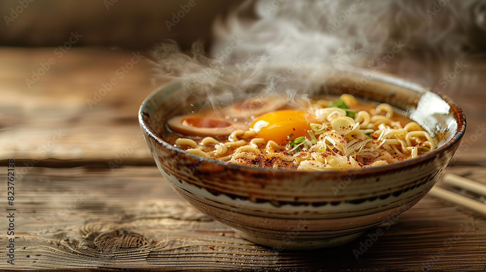 Wall mural Steaming Bowl of Japanese Ramen with Detailed Noodle Textures   - Wall murals