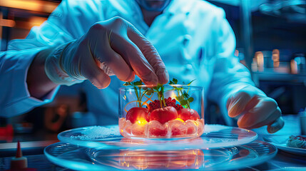 A chef creating a molecular gastronomy dish, detailed close-up, neon accents, photo-realistic, innovative