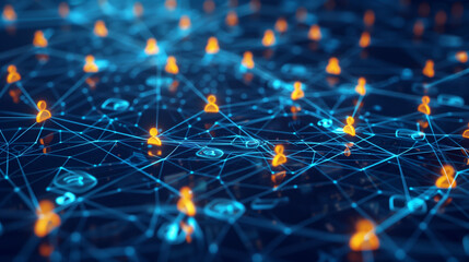 illustration connecting people on the internet, social network connection, glowing connections between people icons on dark blue background. Digital technology and online communication concept