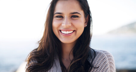 Outdoor, peace and face of woman, smile and Gen z in nature for break, relax and travel in Cancun. Spring, person and girl in holiday, weekend and confidence for tourism in vacation and stress relief