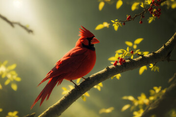 red cardinal in autumn on a tree branch with berries