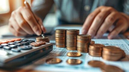 Fototapeta premium person stacking coins into piles, a budget planner and a calculator beside them,