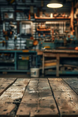 A wooden workbench in the foreground with a blurred background of an industrial workshop. The background includes various tools and equipment, metalworking machines, safety gear, and shelves.