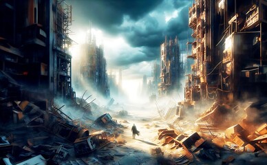 Destroyed City Digital Illustration Industrial Ruins Post Apocalyptic Abandoned. City 3D Render, Survivor Walks through, Epic scenery.