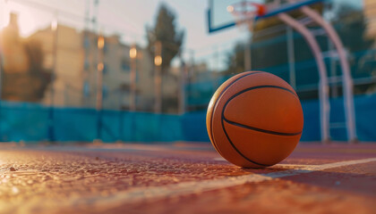 A basketball is sitting on the ground in front of a basketball court by AI generated image