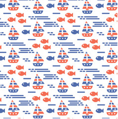 Summer Retro abstract pattern with sea fishes and sailboat. Marine summer pattern for print design. Seamless vector pattern. Vector background illustration.