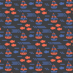 Fototapeta premium Summer Retro abstract pattern with sea fishes and sailboat. Marine summer pattern for print design. Seamless vector pattern. Vector background illustration.