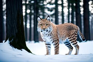 A lonely lynx in the winter forest