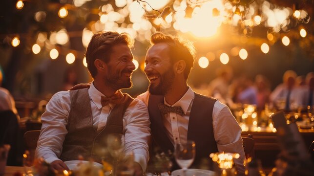 Happy Gay Couple Celebrating Love at Wedding Reception with Friends and Family Under Twinkling Lights