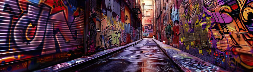Naklejka premium Graffiti Alley: Close-up of a graffiti-covered alleyway, showcasing the city's street art scene and urban culture