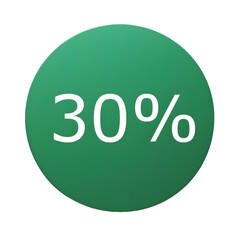 A round green sticker with white text announcing a 30% discount. Perfect for sales and promotions