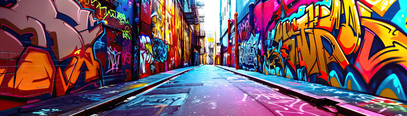 Obraz premium Graffiti Alley: Close-up of a graffiti-covered alleyway, showcasing the city's street art scene and urban culture