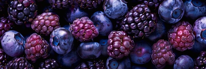 Ripe blackberry texture background, Allegheny blackberries fruits pattern, black berry mockup top view