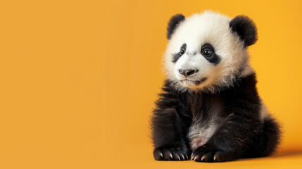 Obraz premium Cute panda baby isolated on light orange background with copy space on the side.