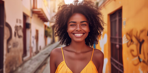 A woman with curly hair is smiling and wearing a yellow dress. She is standing in front of a...