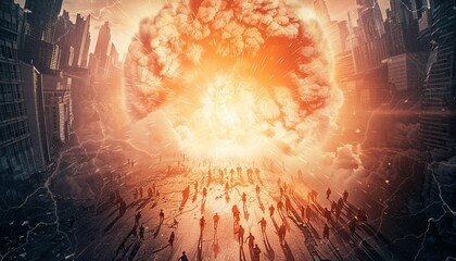 Fototapeta premium An atomic bomb explodes in the City, the silhouette of a metropolis in ruins, a world conflict between nuclear powers. 