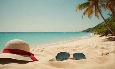 Fototapeta na wymiar Beach. Beach accessories on the sand. The concept of summer vacation.