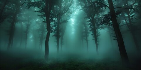 Enchanted Forest Horror Scene: Dense Fog at Night. Concept Enchanted Forest, Horror Scene, Dense Fog, Night Time, Atmospheric Lighting