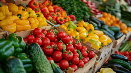 Colorful Display of Fresh Peppers and Tomatoes at Farmers Market