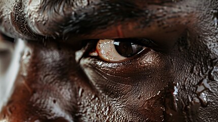 A close-up photo of a boxer's face, with their eyes swollen and their nose bleeding.