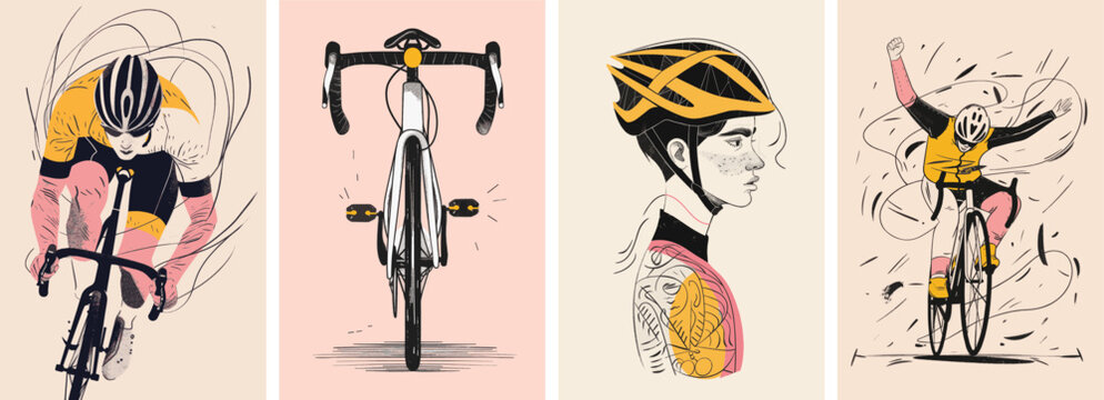 Collection of minimal road bike racing poster cover designs. Abstract cycling sports background