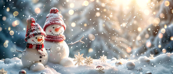 A snowy wonderland where snowmen play together under the snow falls, christmas and new year banner...