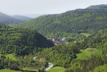 Ezcároz. Aerial view of Ezcároz between mountains, Navarra, Spain.