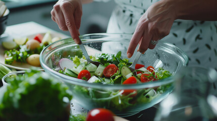 Close-up of a woman's hands mixing fresh salad ingredients in a bowl, illustrating the preparation of a delicious and wholesome meal at home.