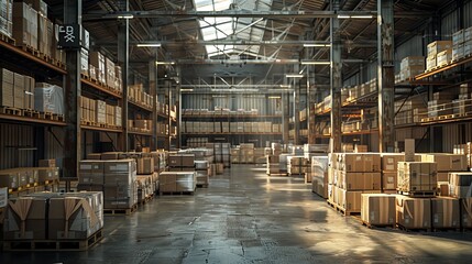 A warehouse with a lot of boxes and pallets