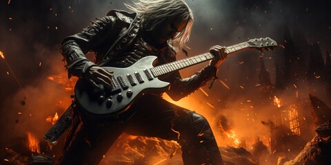 crazy guitarist in a burning environment