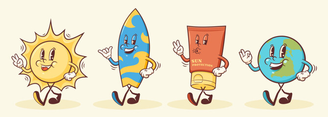 Summer Retro Cartoon Characters Set. Groovy Sun, Surf Board, Sun Screen Cream, Earth Mascot Illustrations. Beach Personage Walking Smiling Vintage Vector Drawings Collection Isolated