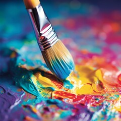 Fototapeta premium A close-up photo of a paintbrush dripping with vibrant paint, perfect for an artist or art supply store banner.