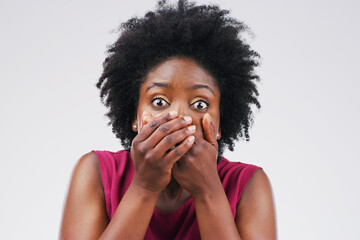 African woman, portrait and shocked for news, announcement or secret in studio on white background....